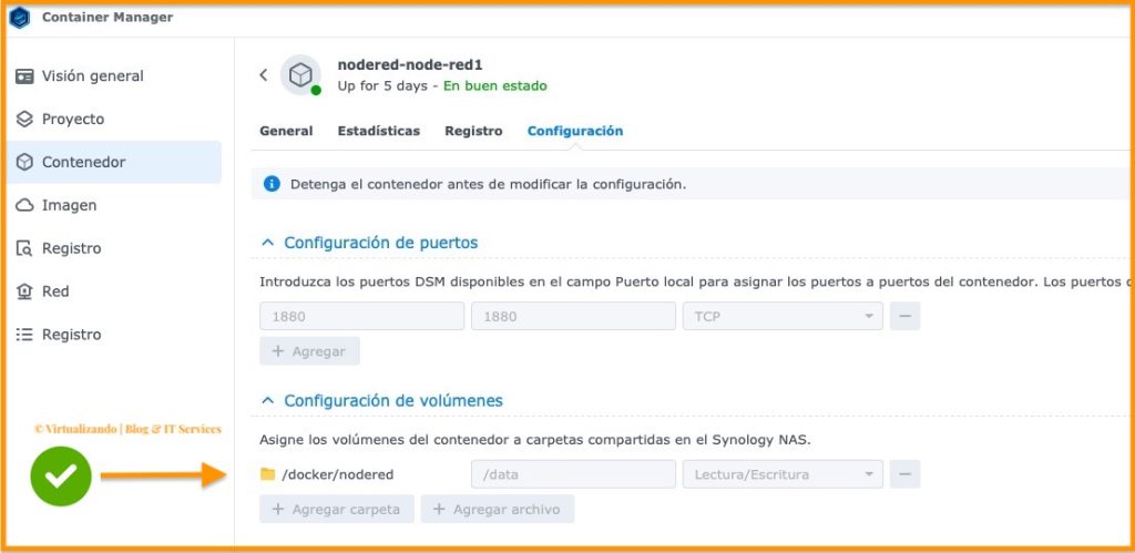 Imagen donde se muestra la configuración de un contenedor en container manager en Synology DSM correspondiente al articulo: los contenedores informáticos de Virtualizando | Blog & IT Services.