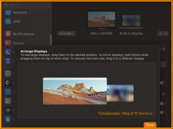 Imagen donde se muestra la configuración de pantalla en las preferencias del sistema del mac correspondiente al articulo: Como automatizar multiples pantallas en tu MAC de Virtualizando | Blog & IT Services.