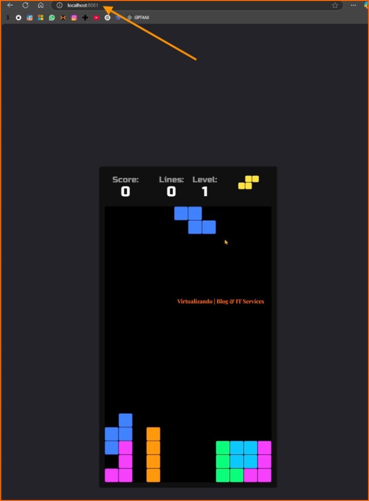 Imagen donde se muestra el juego Tetris contenerizado correspondiente al articulo: los contenedores informáticos de Virtualizando | Blog & IT Services.