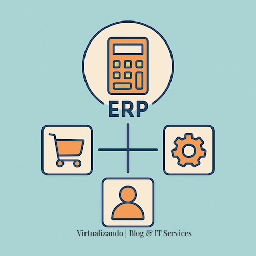 Imagen donde se muestra un diagrama de relación de un ERP correspondiente al articulo: Aplicaciones informáticas que todo emprendedor o pyme necesita de Virtualizando | Blog & IT Services.
