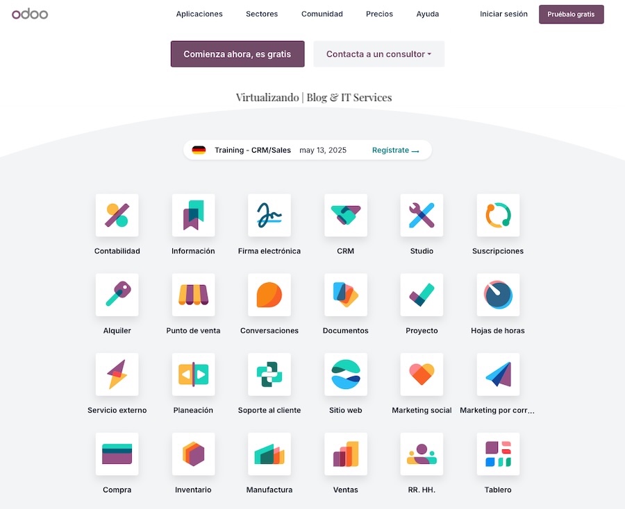 Imagen donde se muestra los principales módulos de Odoo CRM correspondiente al articulo: Aplicaciones informáticas que todo emprendedor o pyme necesita de Virtualizando | Blog & IT Services.