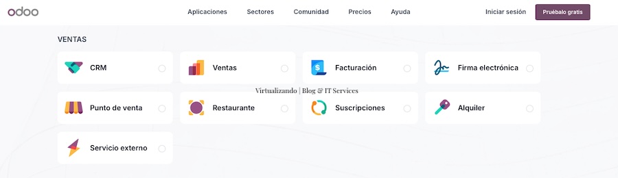 Imagen donde se muestra las aplicaciones especificas de odoo ventas correspondiente al articulo: Aplicaciones informáticas que todo emprendedor o pyme necesita de Virtualizando | Blog & IT Services.