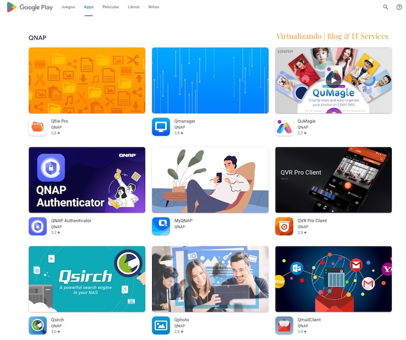 Imagen donde se muestra una captura de google play de las apps de qnap correspondiente al articulo: ¿Por qué necesitas un NAS en tu pyme? de Virtualizando | Blog & IT Services.