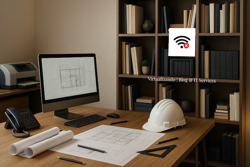 Imagen donde se muestra  una imagen de una oficina de arquitectos con un nas sin internet correspondiente al articulo: ¿Por qué necesitas un NAS en tu pyme? de Virtualizando | Blog & IT Services.