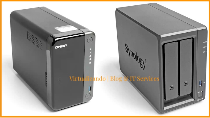 Imagen donde se muestra  un nas de qnap y de synology correspondiente al articulo: ¿Por qué necesitas un NAS en tu pyme? de Virtualizando | Blog & IT Services.