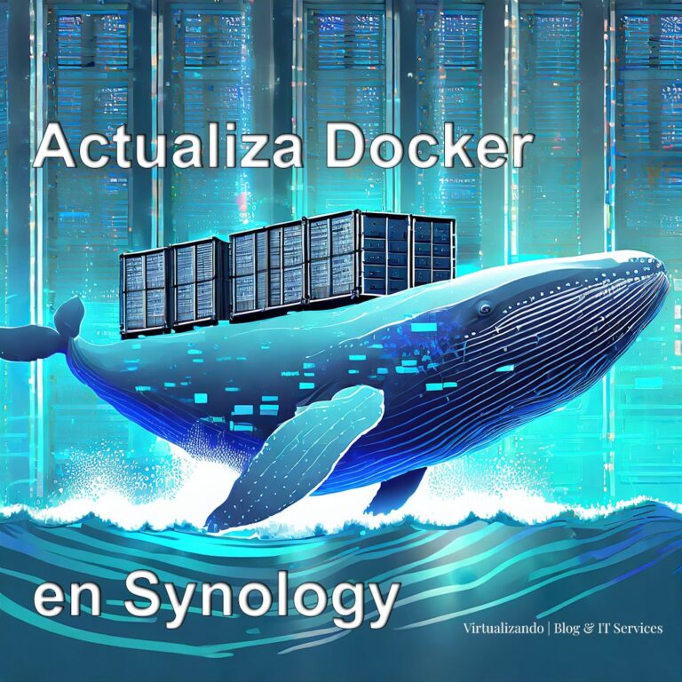Imagen donde se muestra una ballena llevando unos contenedores de unos servidores a otros, correspondiente al articulo: actualizar docker en synology de Virtualizando | Blog & IT Services.
