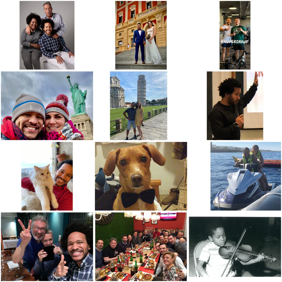 Collage de fotos personales de Antonio: familia, boda, viajes, mascotas y una charla en público
