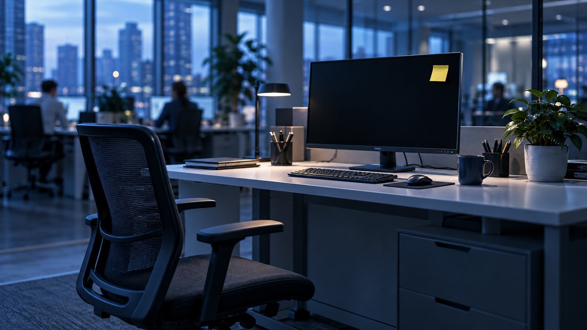 Puesto de oficina vacío con la silla retirada, el monitor apagado y un post-it pegado en la pantalla