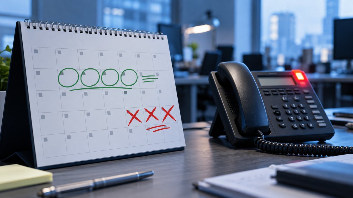 Calendario de mesa con días rodeados en verde y otros tachados en rojo, junto a un teléfono que está sonando