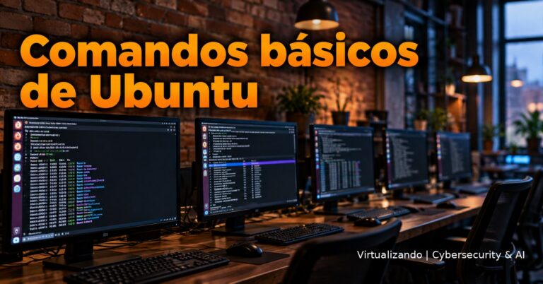 Aula de informática con monitores en fila mostrando terminales de Ubuntu y el rótulo Comandos básicos de Ubuntu