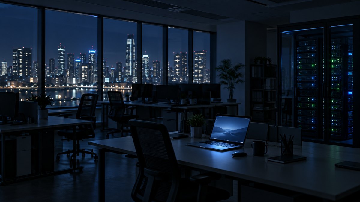 Oficina vacía de noche con un portátil encendido sobre la mesa y el armario de servidores con las luces parpadeando