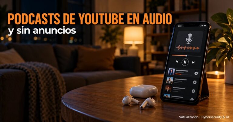 Móvil con una app de pódcast y auriculares en un salón de noche, con el rótulo Podcasts de YouTube en audio y sin anuncios