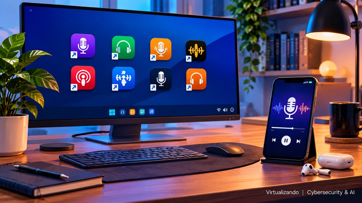 Escritorio con un monitor lleno de accesos directos a pódcast y un móvil reproduciendo audio