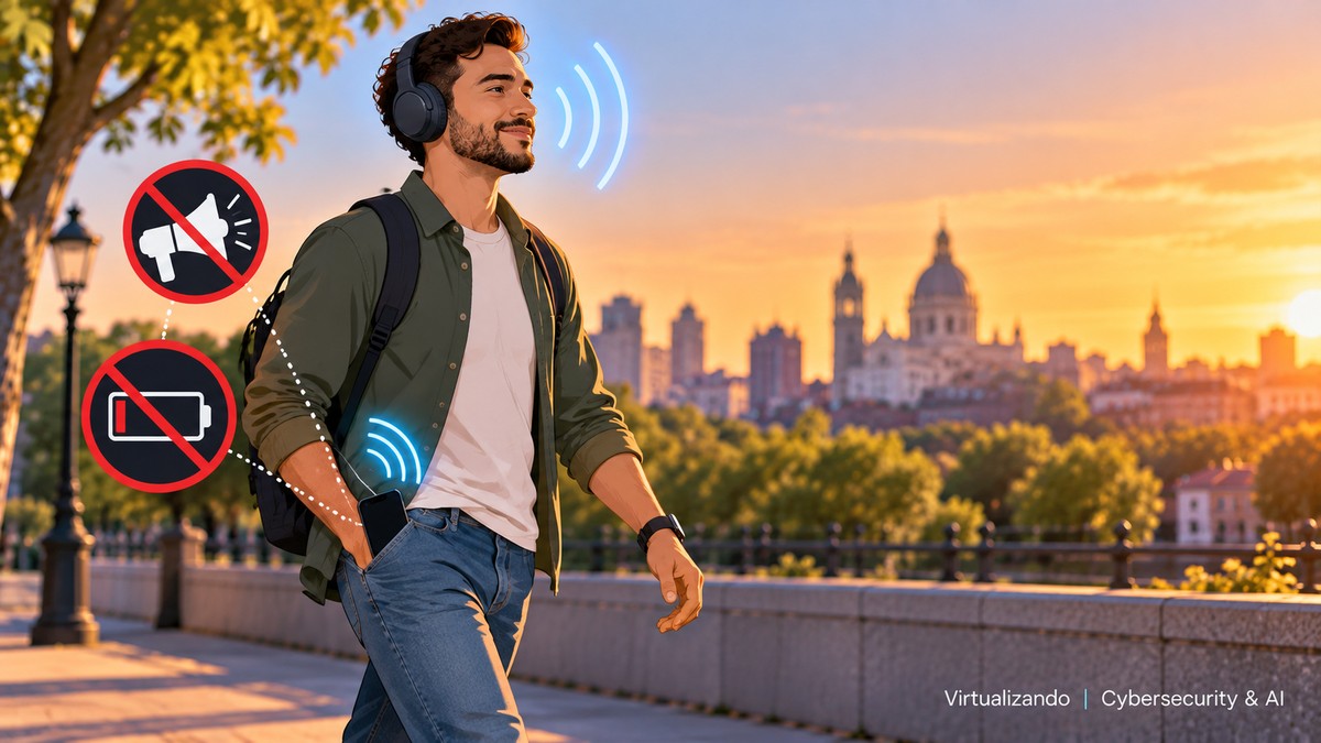 Hombre paseando con auriculares al atardecer en Madrid, con iconos de sin anuncios y de ahorro de batería