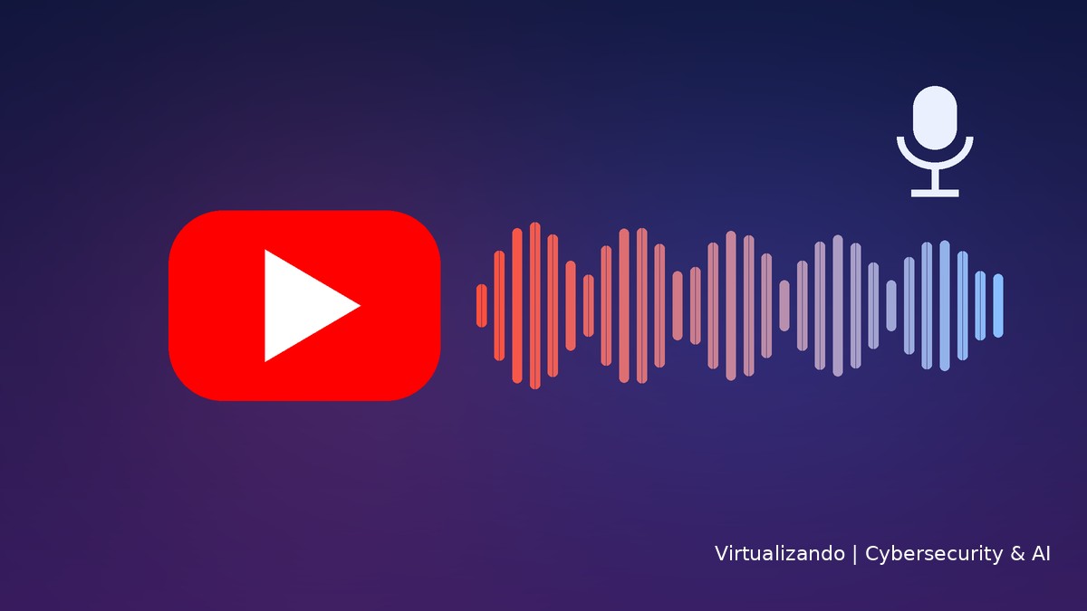 Botón de reproducción de YouTube que se convierte en una onda de sonido de pódcast sobre fondo azul y morado